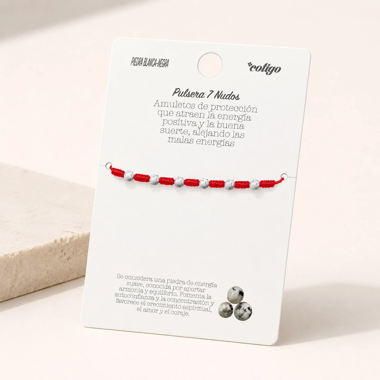 PULSERA 7 NUDOS CON  PIEDRA BLANCO-NEGRA 4MM
