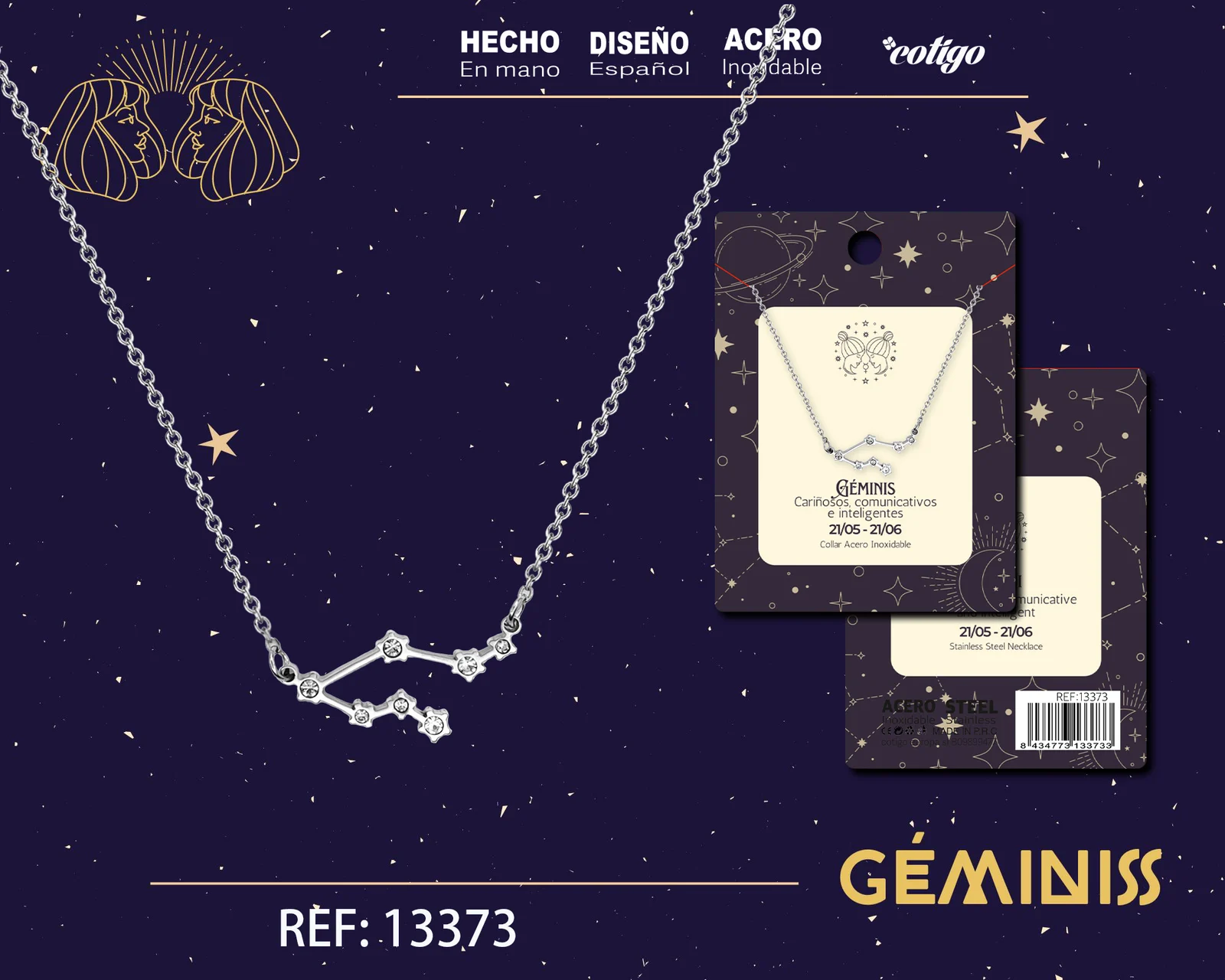 COLLAR MAPA ESTELAR DEL ZODIACO GEMINIS PLATEADO CON STRAS