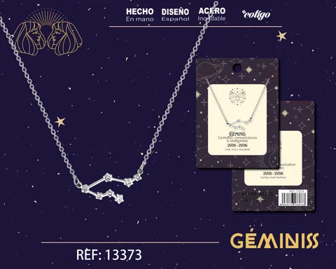 COLLAR MAPA ESTELAR DEL ZODIACO GEMINIS PLATEADO CON STRAS