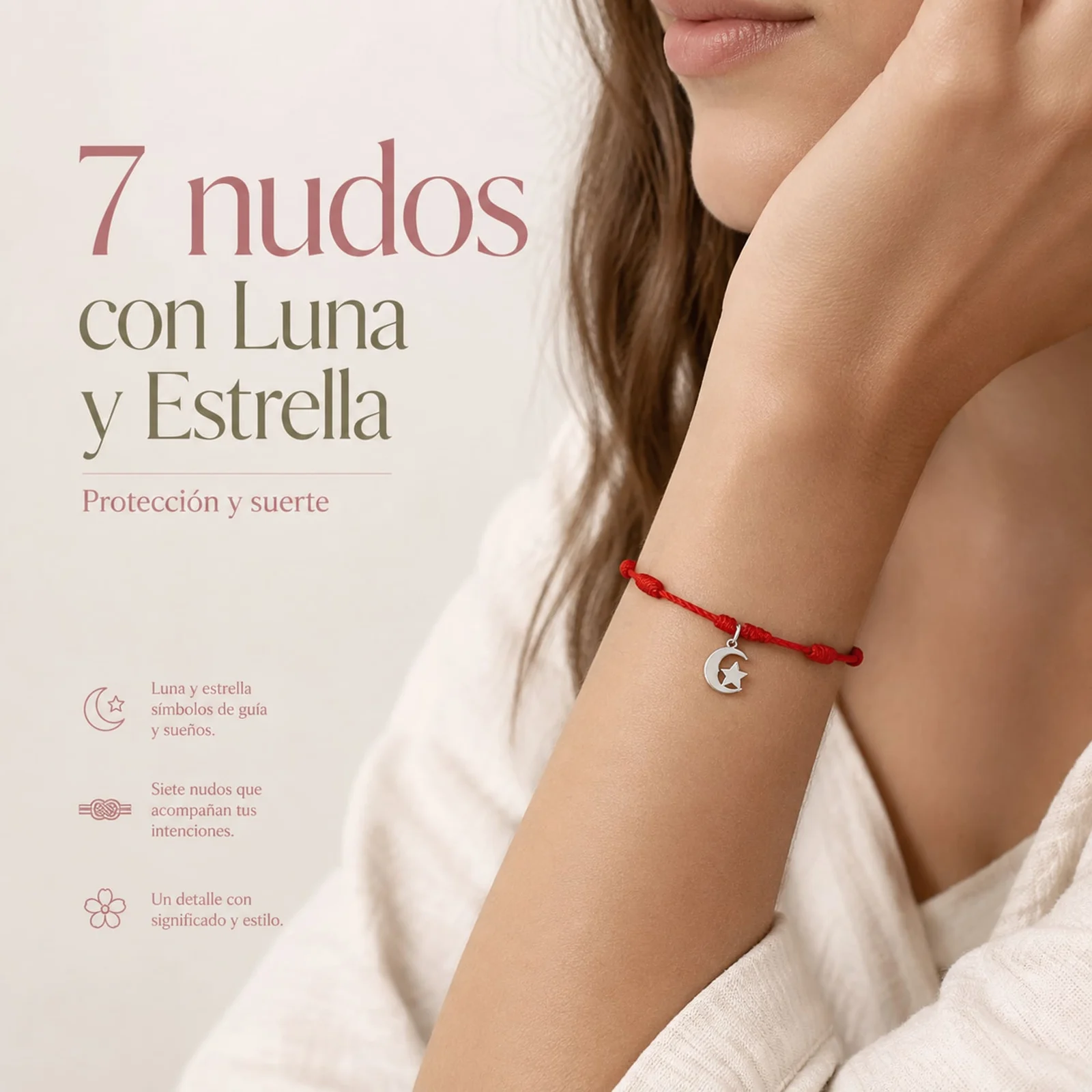 PULSERA 7 NUDOS CON LUNA Y ESTRELLA COLOR PLATEADO