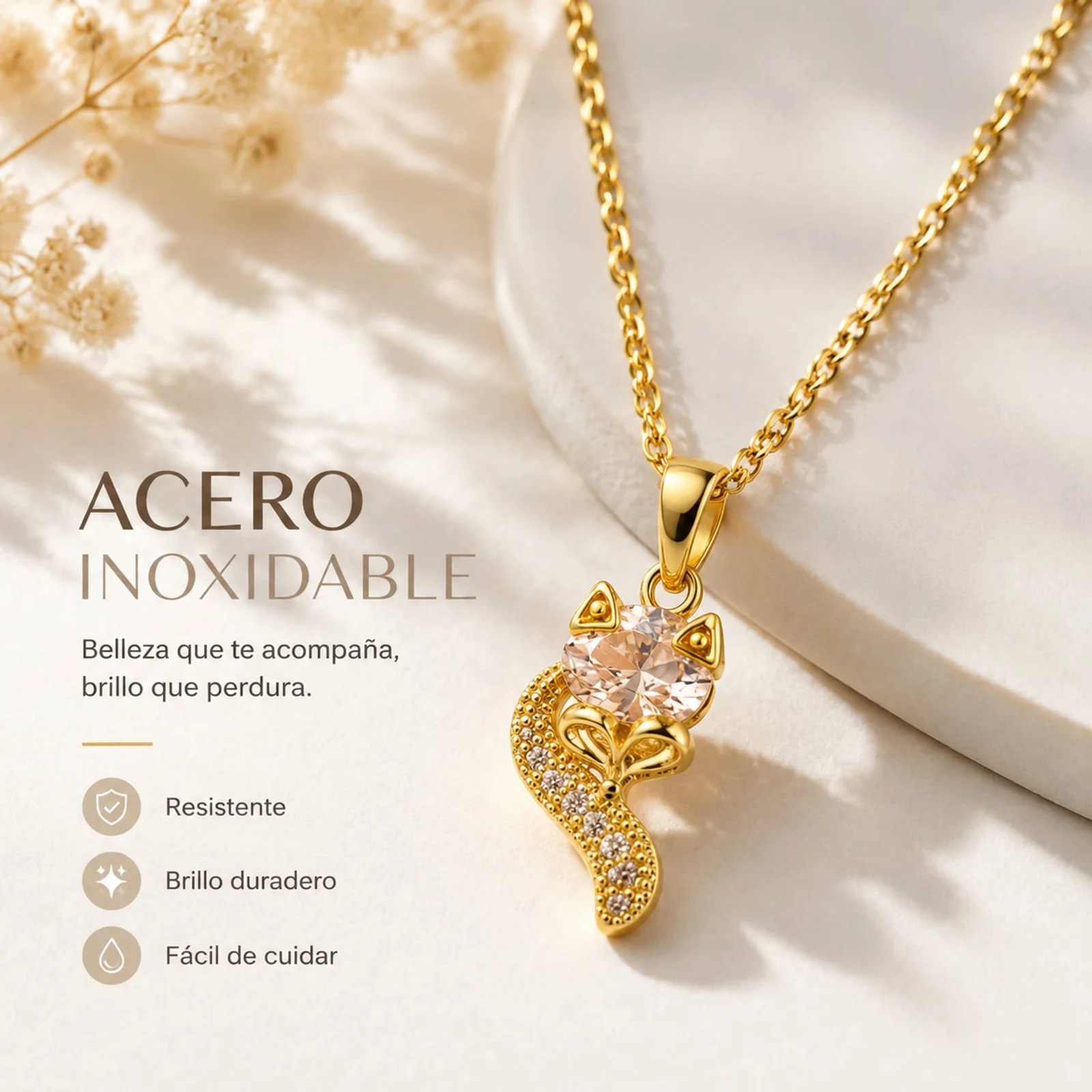 Colgangte Cobre con Circonita Colar Dorado y Cadena Acero