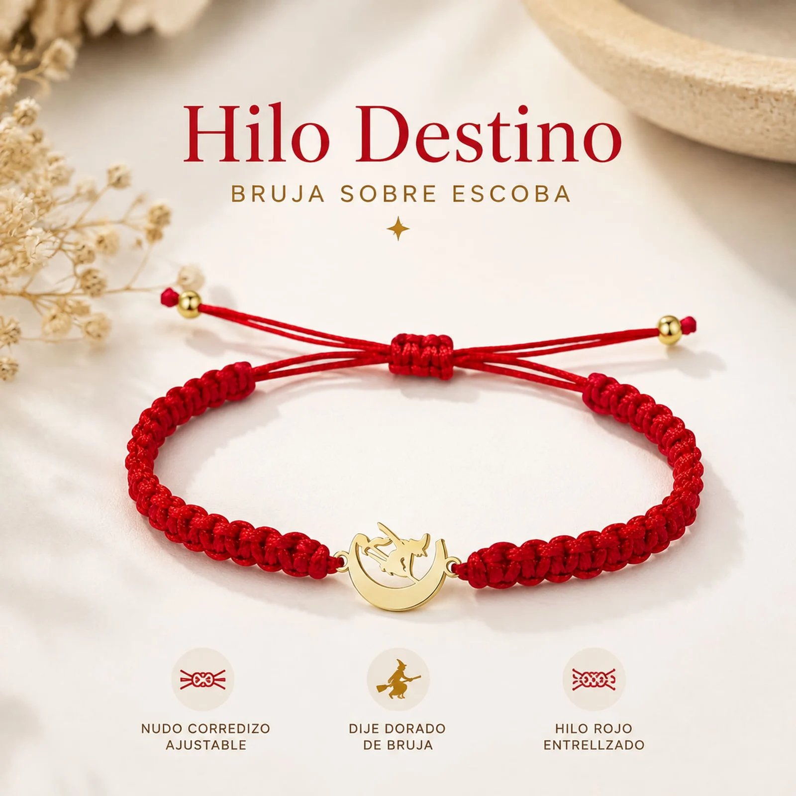 PULSERA HILO DESTINO  CON BRUJA ACERO DORADO