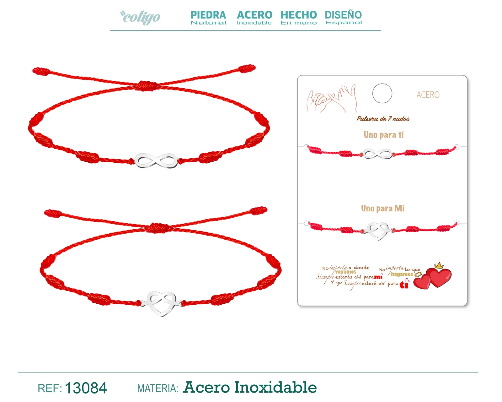 2 PULSERA 7 NUDOS CON SIMBOLO INFINITO Y CORAZON ACERO PLATEADO