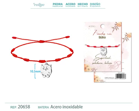PULSERA 7 NUDOS CON BUHO COLOR PLATEADO