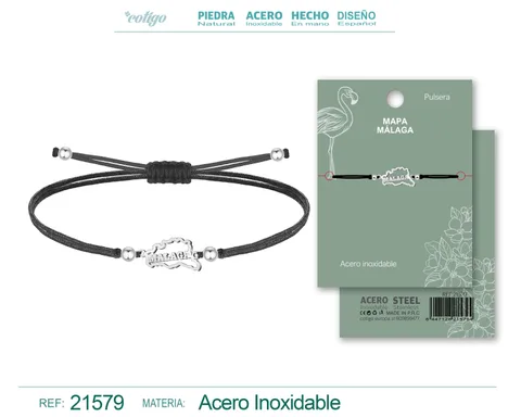 PULSERA HILO ENCERADO CON MAPA DE MALAGA ACERO PLATEADO
