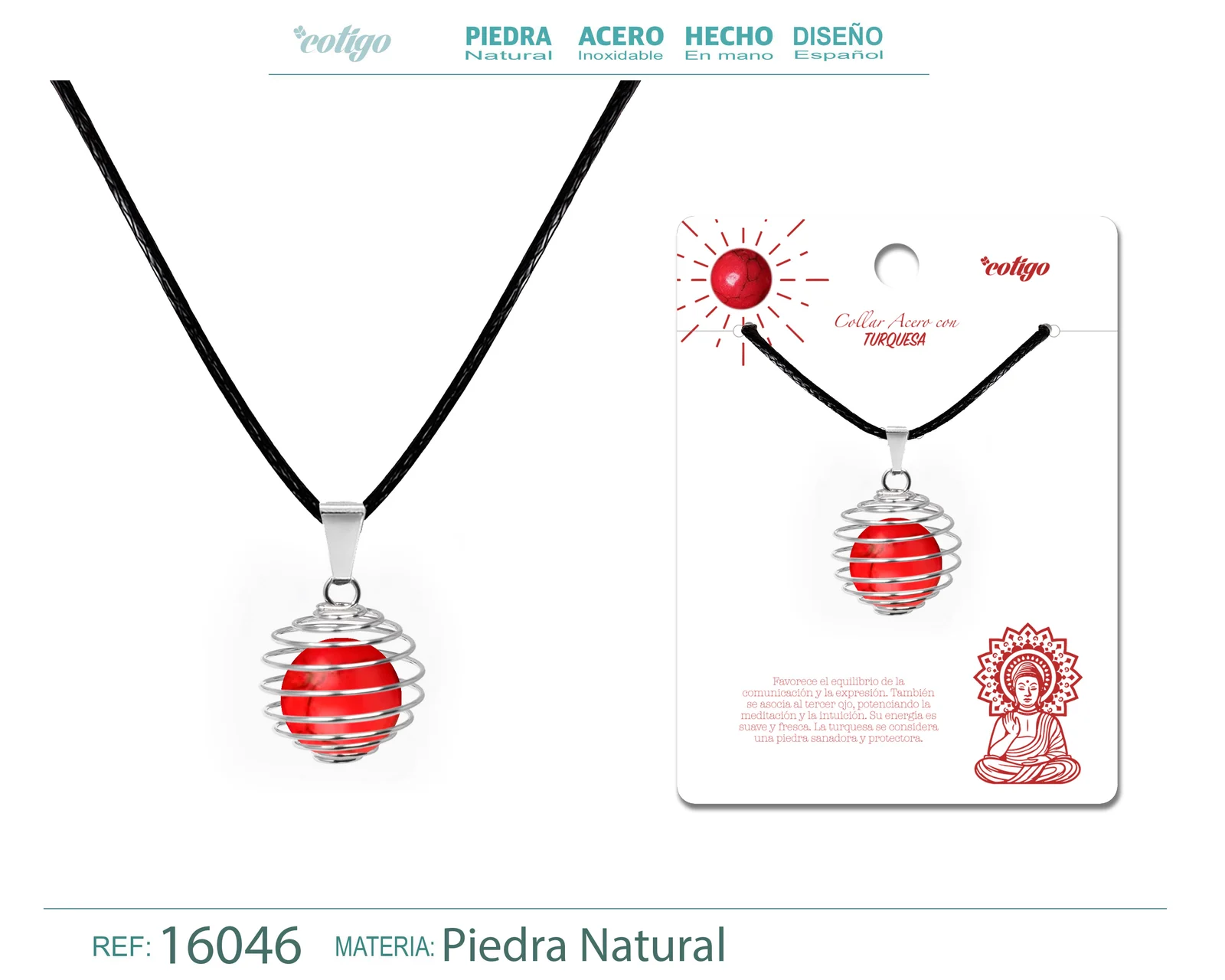 COLGANTE DE TURQUESA ROJA 14MM CON ACESORIO DE ACERO