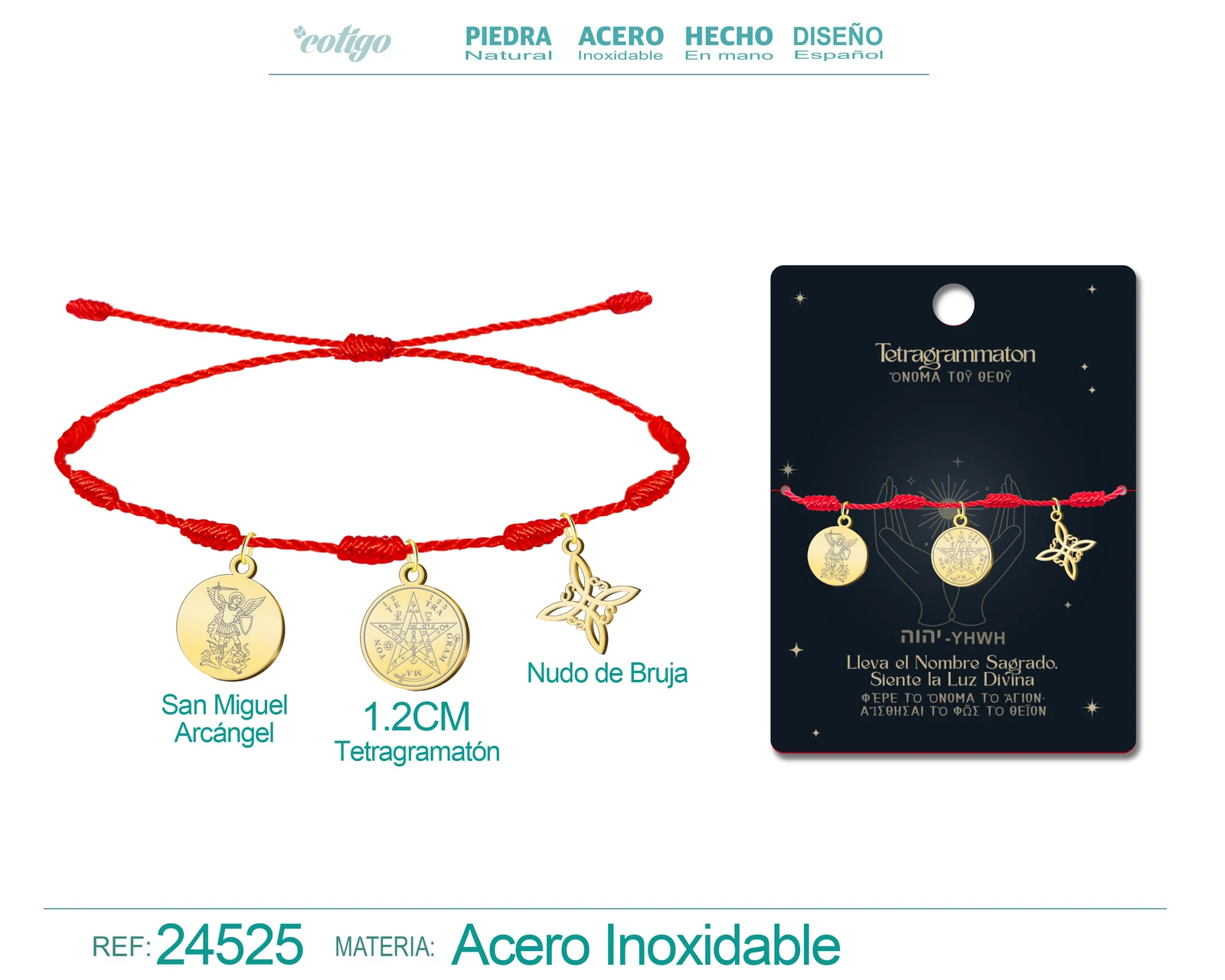 PULSERA 7 NUDOS CON TETRAGRAMMATON  NUDO DE BRUJA Y SAN MIGUEL ARCÁNGEL ACERO DORADO