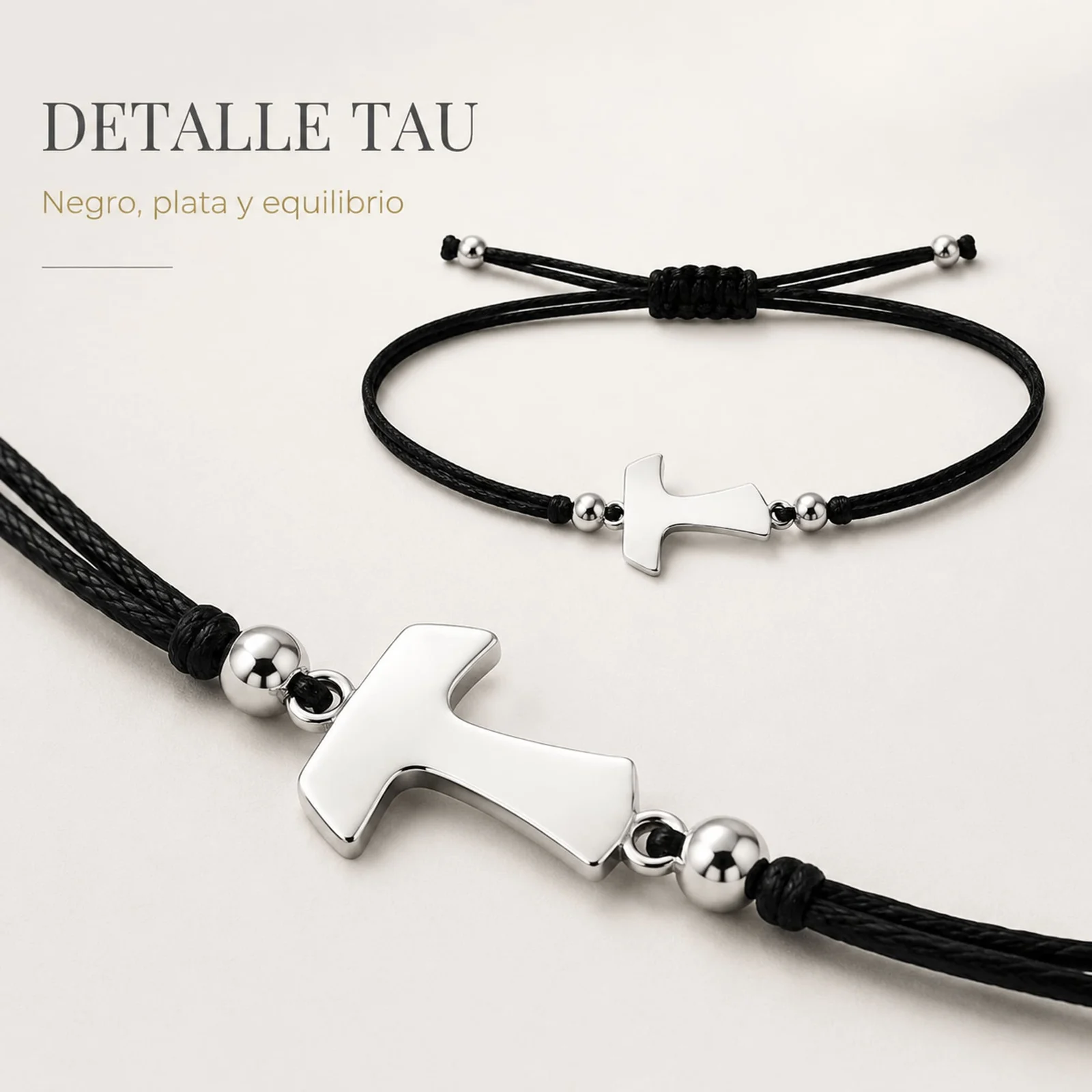 PULSERA CRUZ TAU PLATEADO DE HILO EN.NEGRO