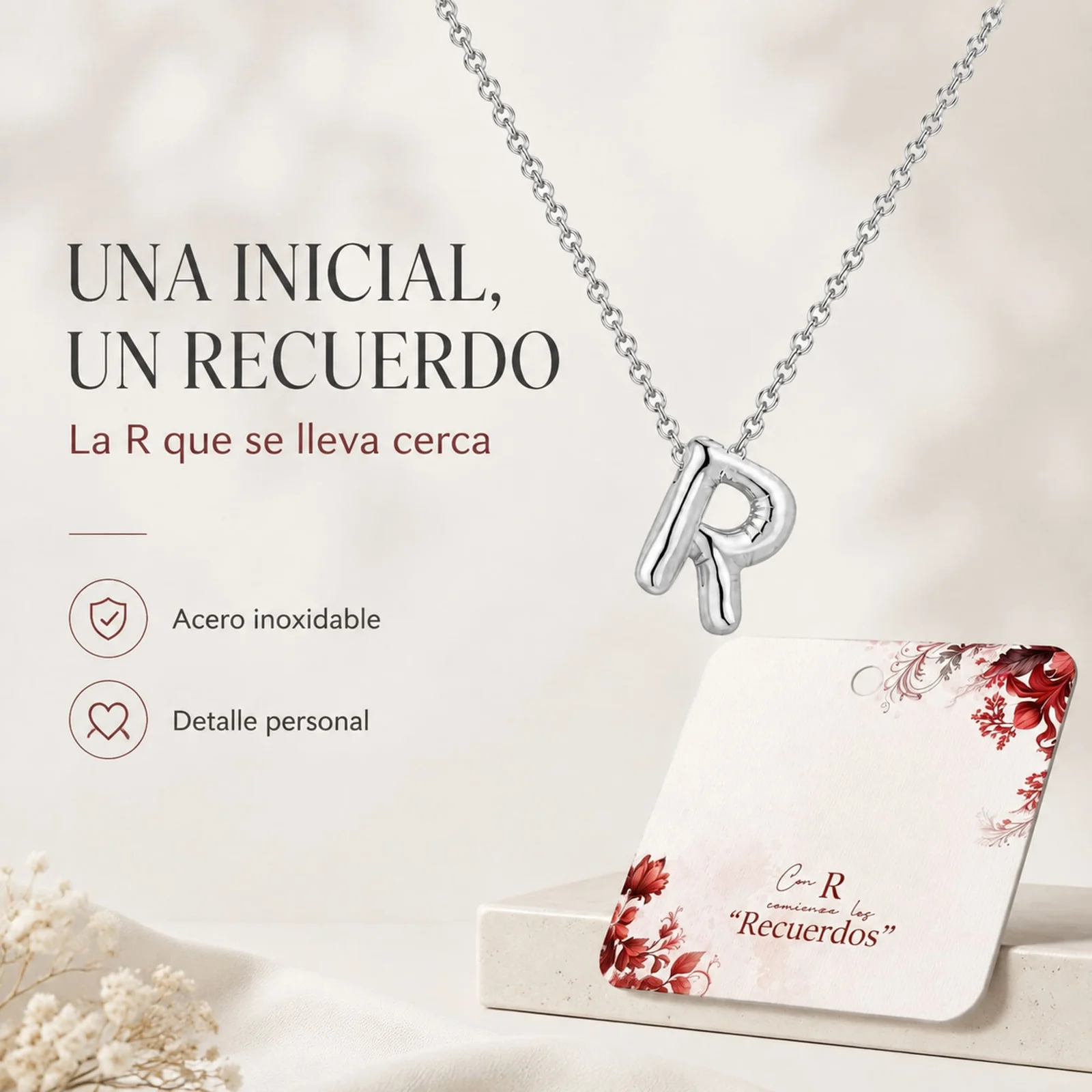 COLLAR INICIAL LETRA R ACERO CON SOBRE