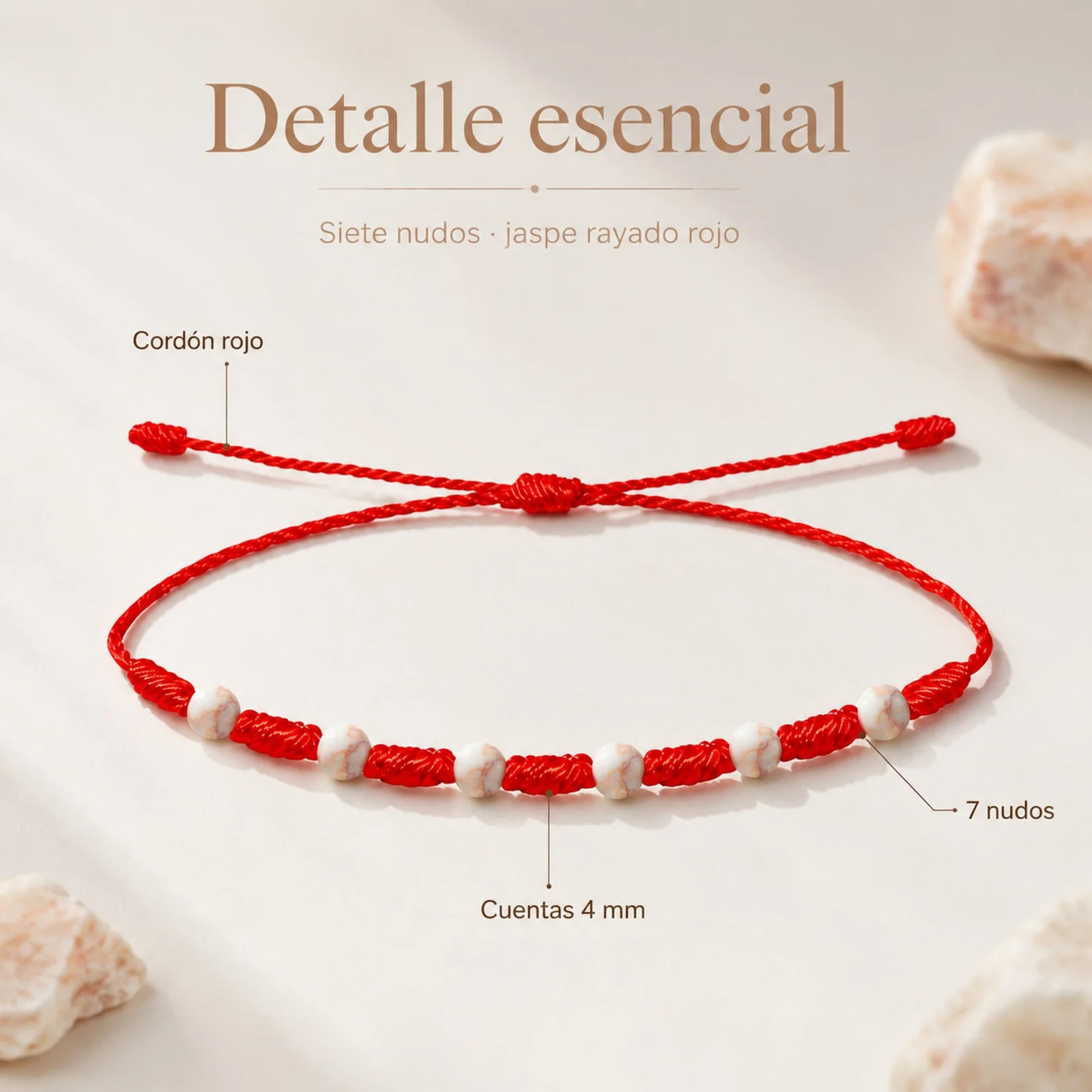 PULSERA 7 NUDOS CON  JASPE RAYADO ROJO 4MM