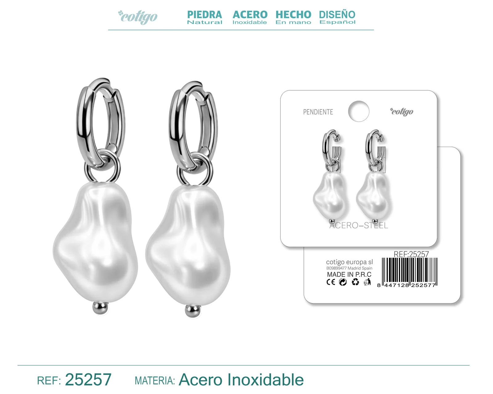 PENDIENTES DE PERLAS BALOTELLI CON ARO ACERO COLOR PLATEADO