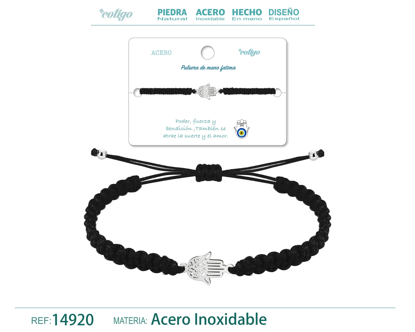 PULSERA HILO TRENZADONEGRO-MANO FATIMA PLATEADO