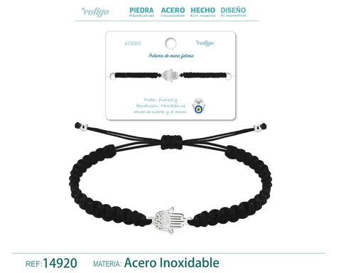 PULSERA HILO TRENZADONEGRO-MANO FATIMA PLATEADO