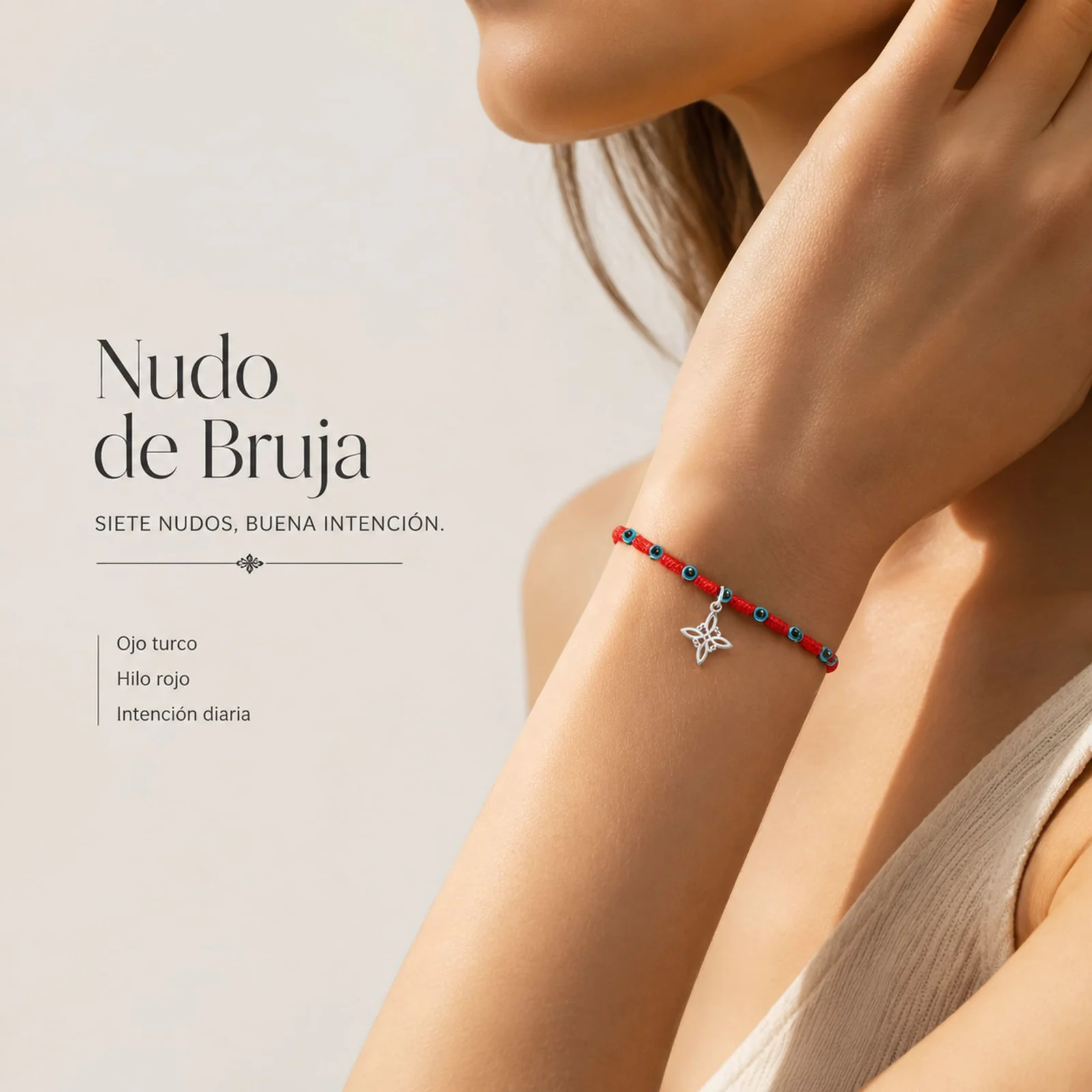 PULSERA 7 NUDOS CON OJO DE TURCO Y NUDO DE BRUJA ACERO PLATEADO