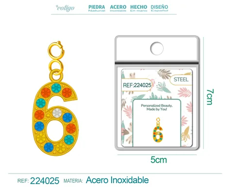CHARM DE NÚMERO 6 ACERO COLOR DORADO CON CIRCONITA-CON CIERRE