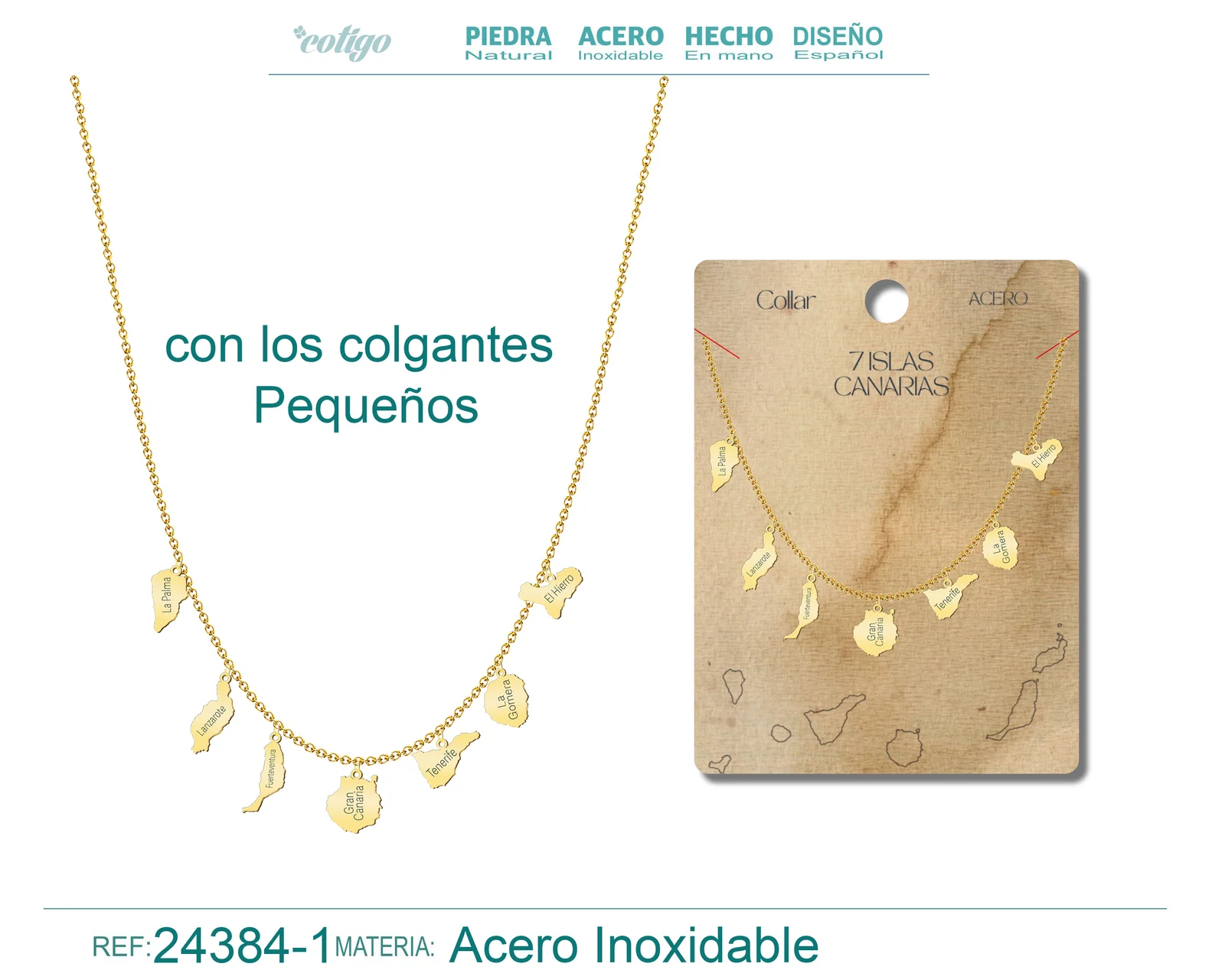 Collar con Colgante de 7 Isalas de Canarias Acero color Dorado