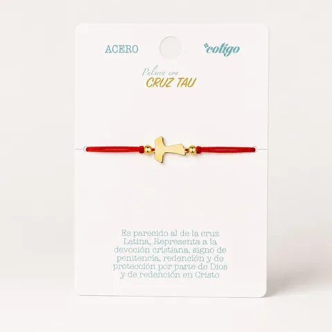 PULSERA CRUZ TAU DORADO DE HILO EN.ROJO