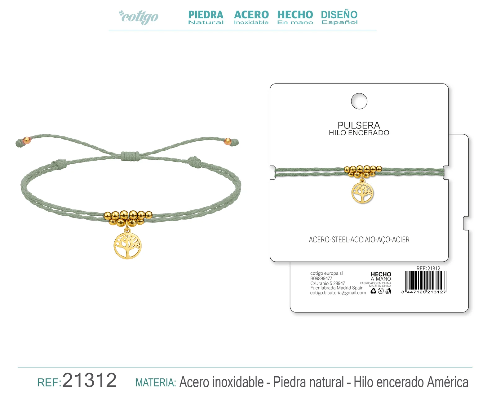 PULSERA HILO ENCERADO CON COLGANTE ARBOL DE VIDA ACERO DORADO