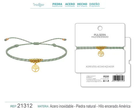 PULSERA HILO ENCERADO CON COLGANTE ARBOL DE VIDA ACERO DORADO