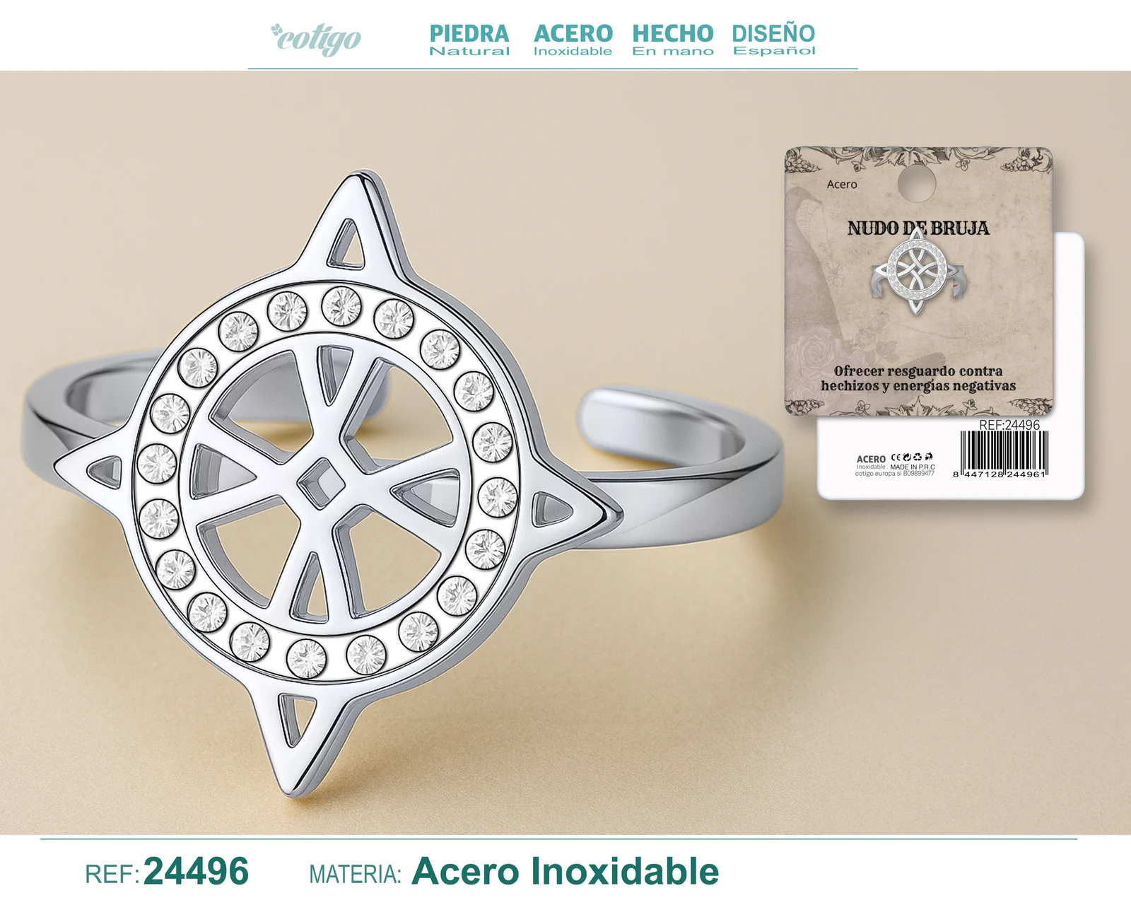 ANILLO NUDO DE BRUJA ACERO PLATEADO CON CIRCONITA
