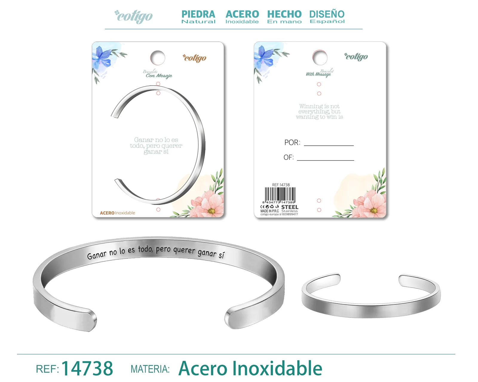 BRAZALETE ACERO CON MENSAJE ESPAÑOL