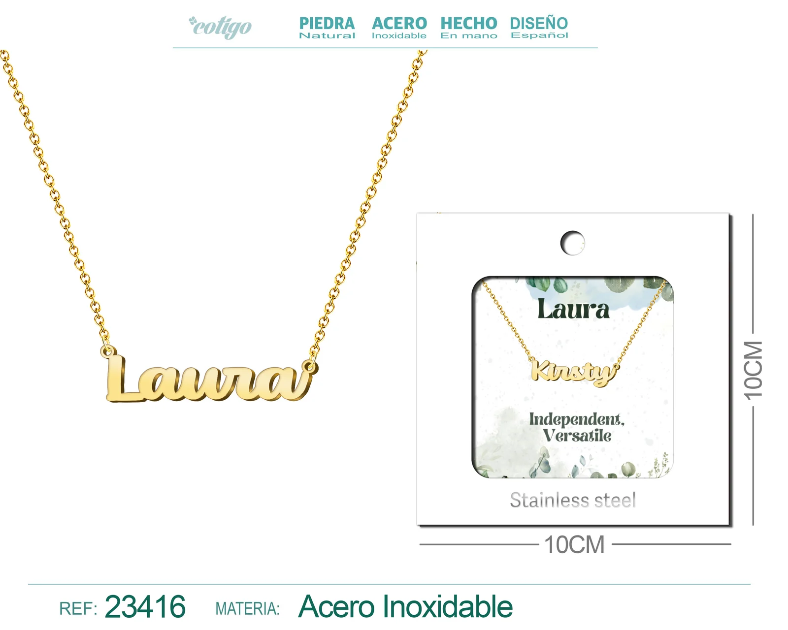 COLLAR NOMBRE INGLES LAURA ACERO CON SOBRE