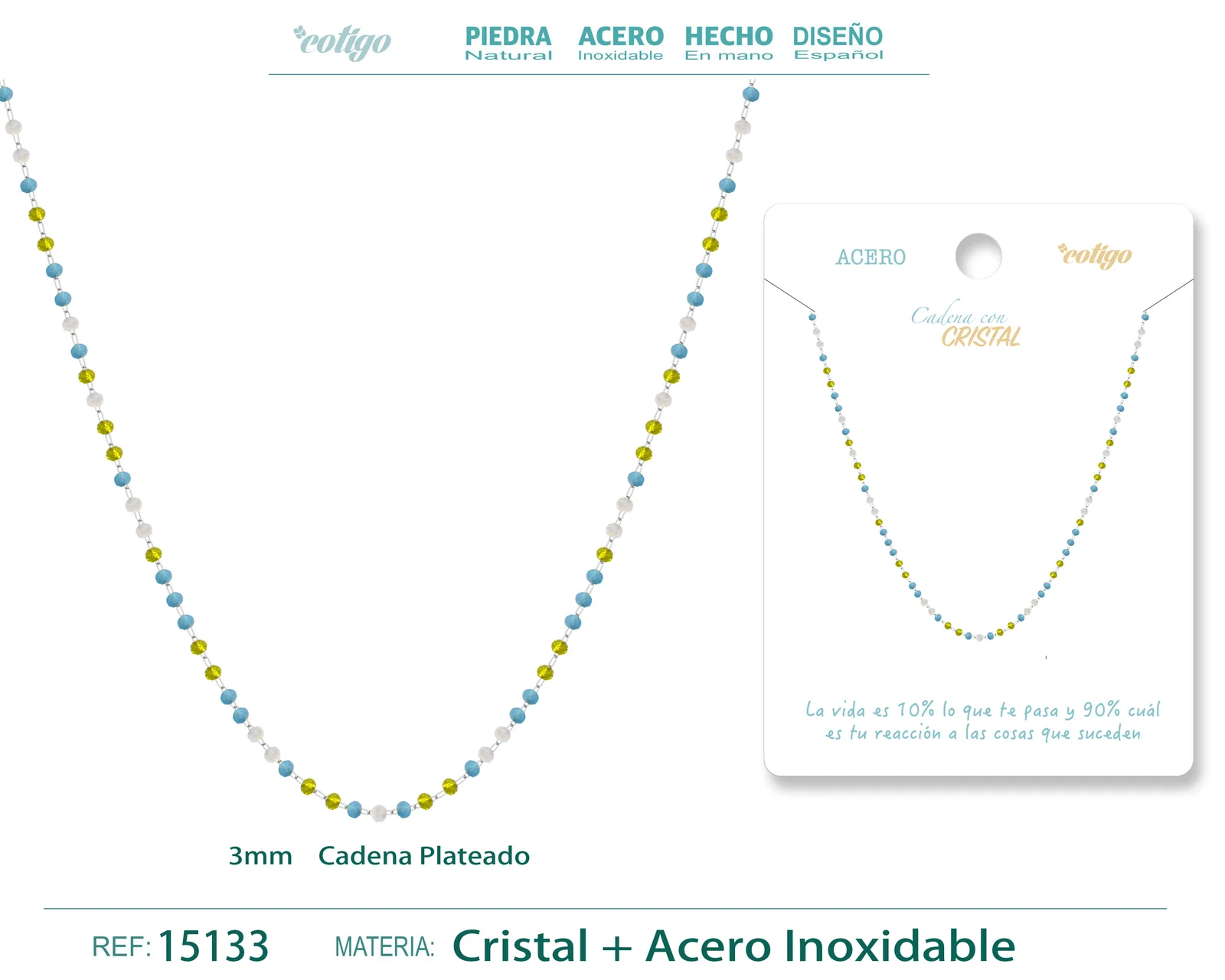 COLLAR ACERO PLATEADO CON BOLA CRISTAL