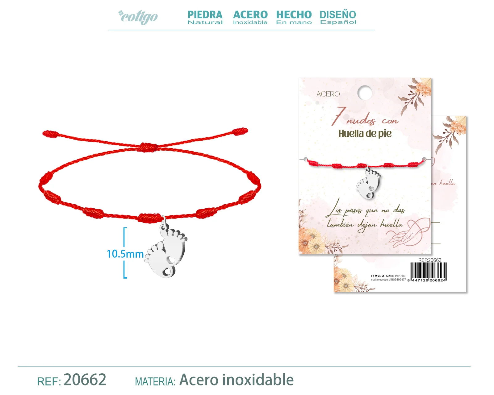 PULSERA 7 NUDOS CON HUELLA DE PIE COLOR PLATEADO