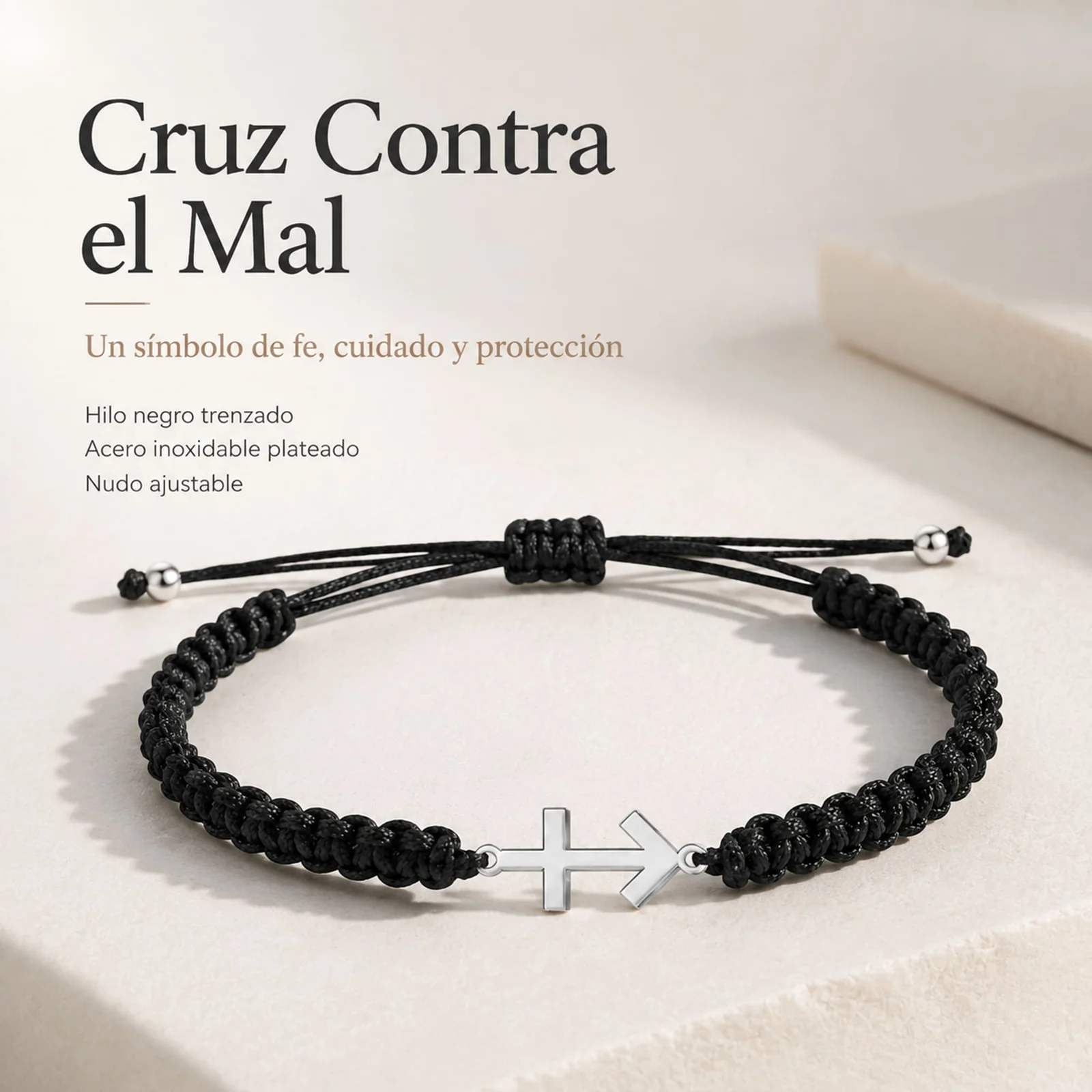 PULSERA HILO DESTINO  CON CRUZ CONTRA EL MAL ACERO PLATEADO