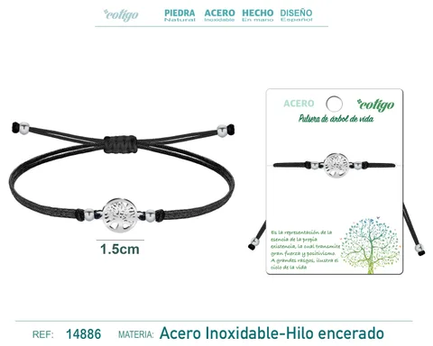 PULSERA HILO ENCERADO NEGRO-ARBOL DE VIDA PLATEADO