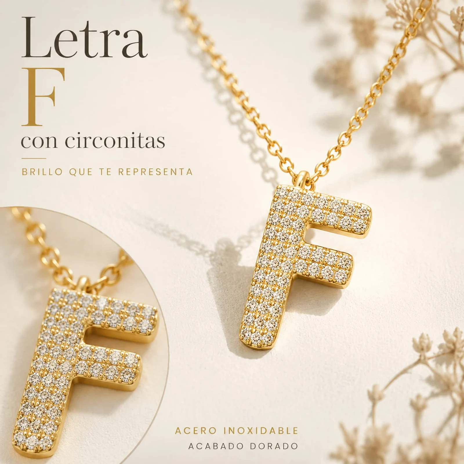 COLLAR LETRA F CON CIRCONITA  ACERO COLOR DORADO