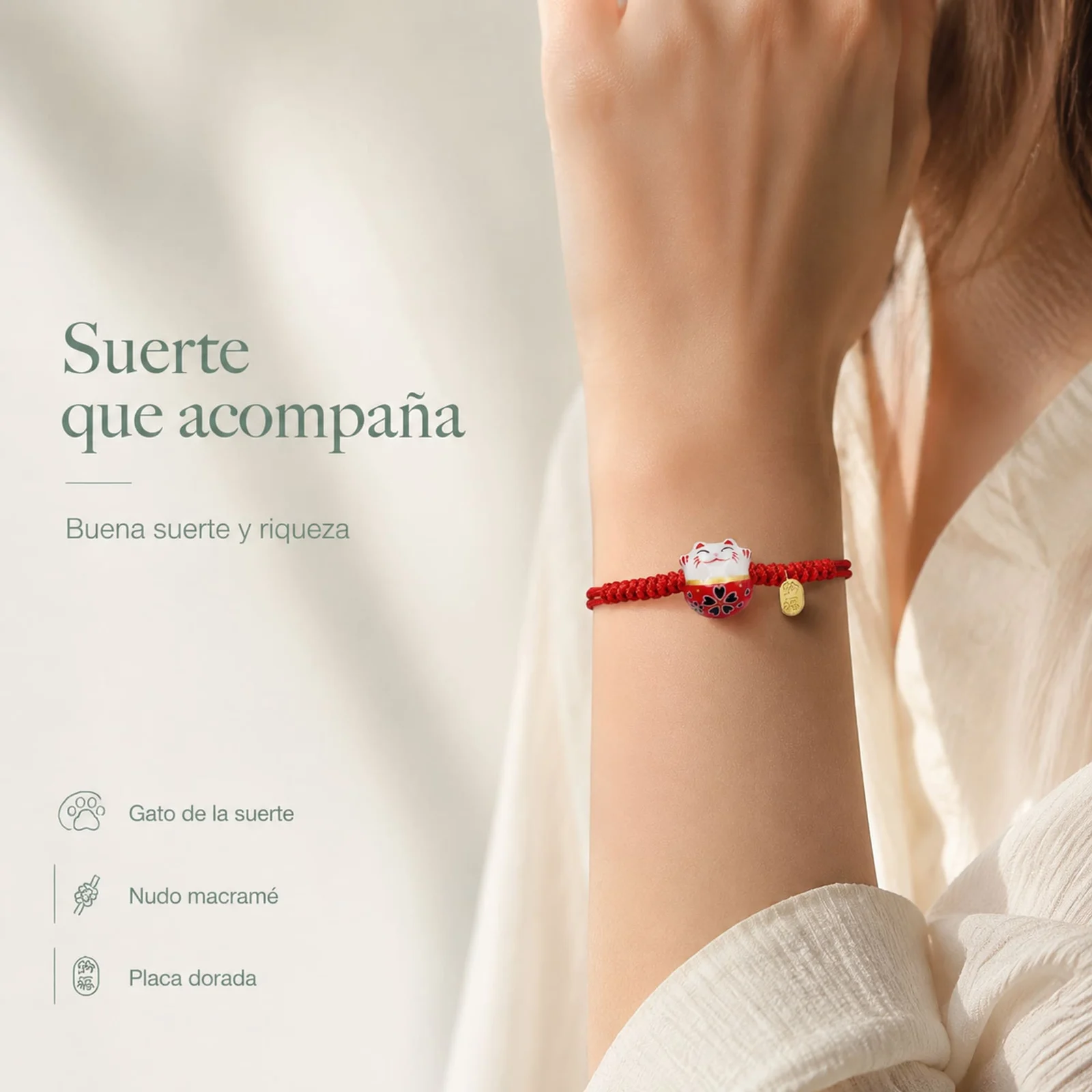 PULSERA HILO ENCERADO CON GATO DE SUERTE