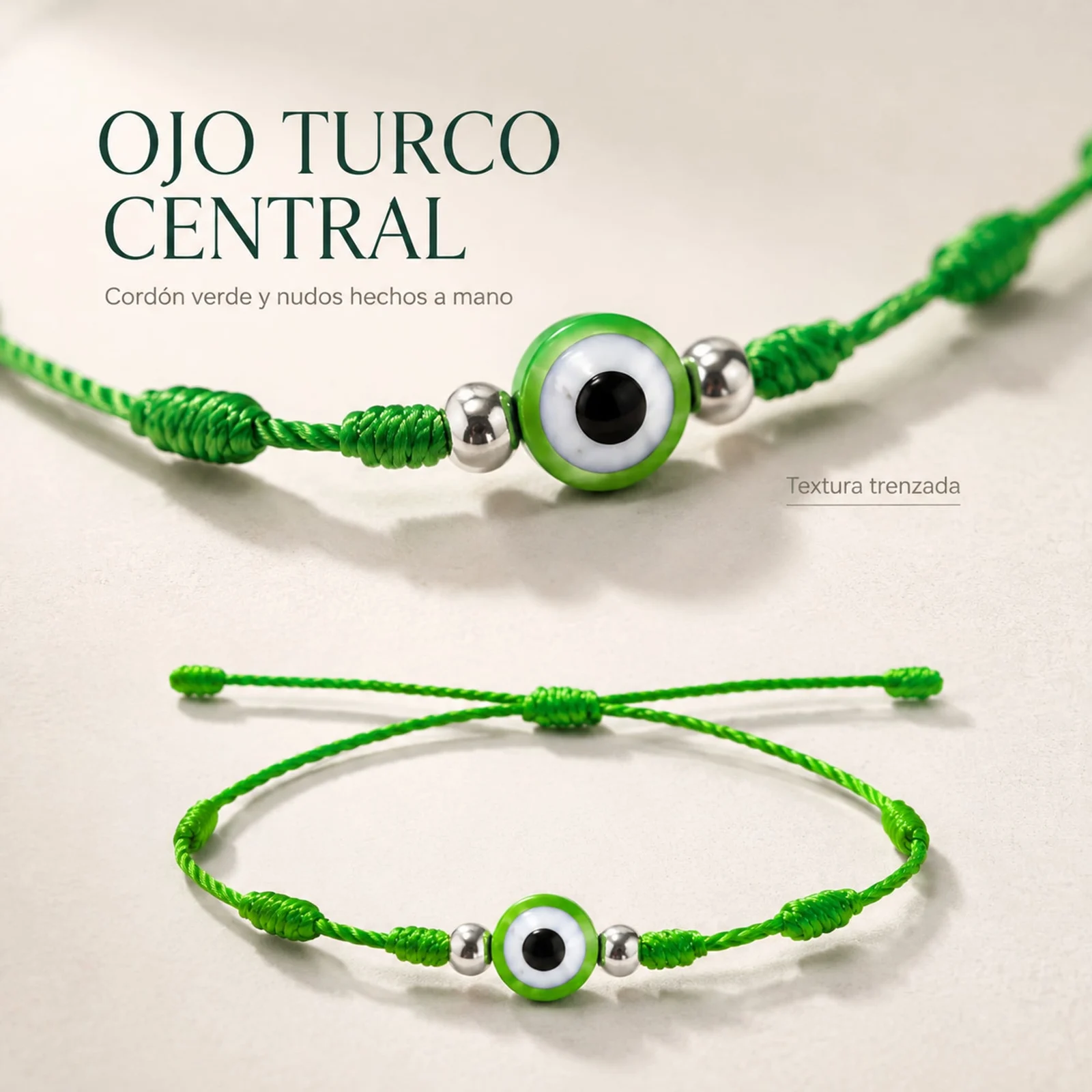 PULSERA 7 NUDOS VERDE CON OJO TURCO