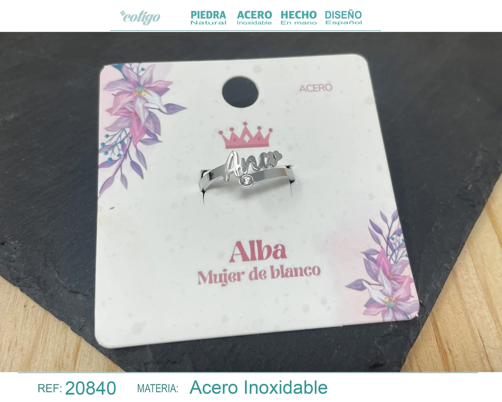 ANILLO NOMBRE ALBA ACERO COLOR PLATEADO