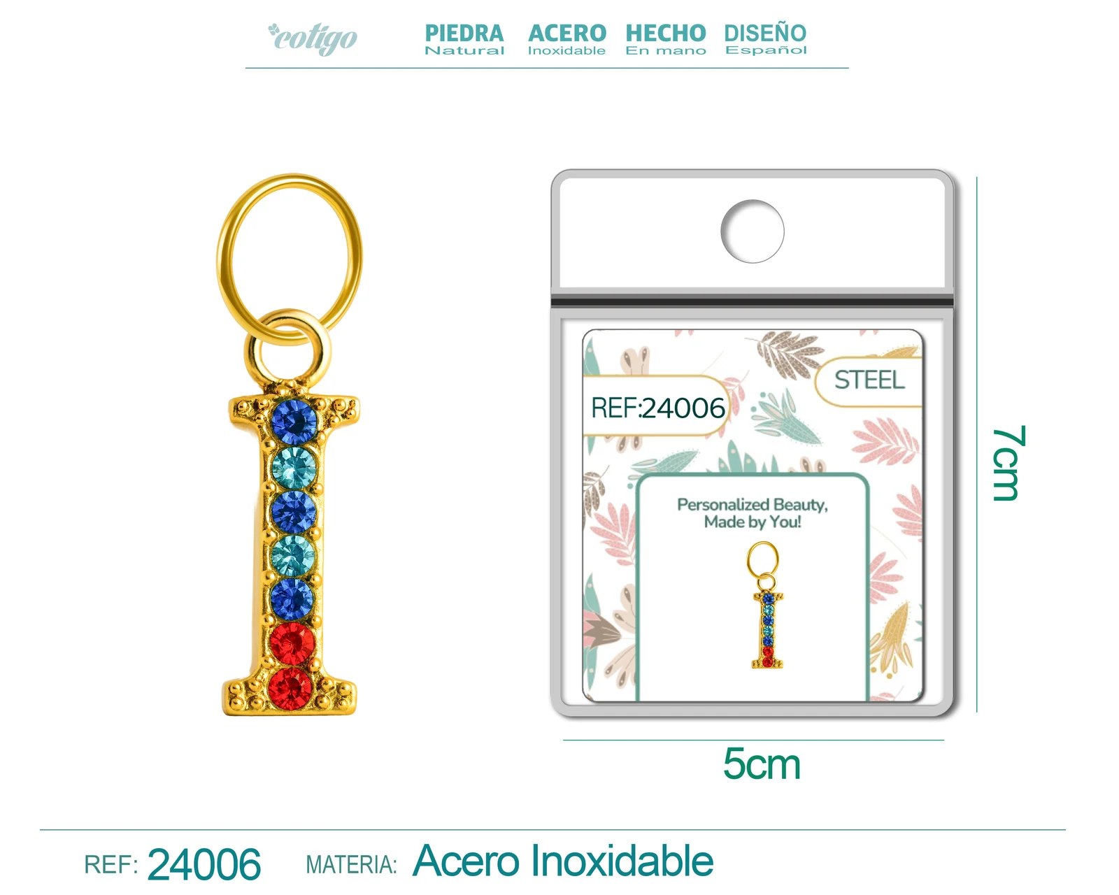 CHARM DE LETRA I ACERO COLOR DORADO CON CIRCONITA