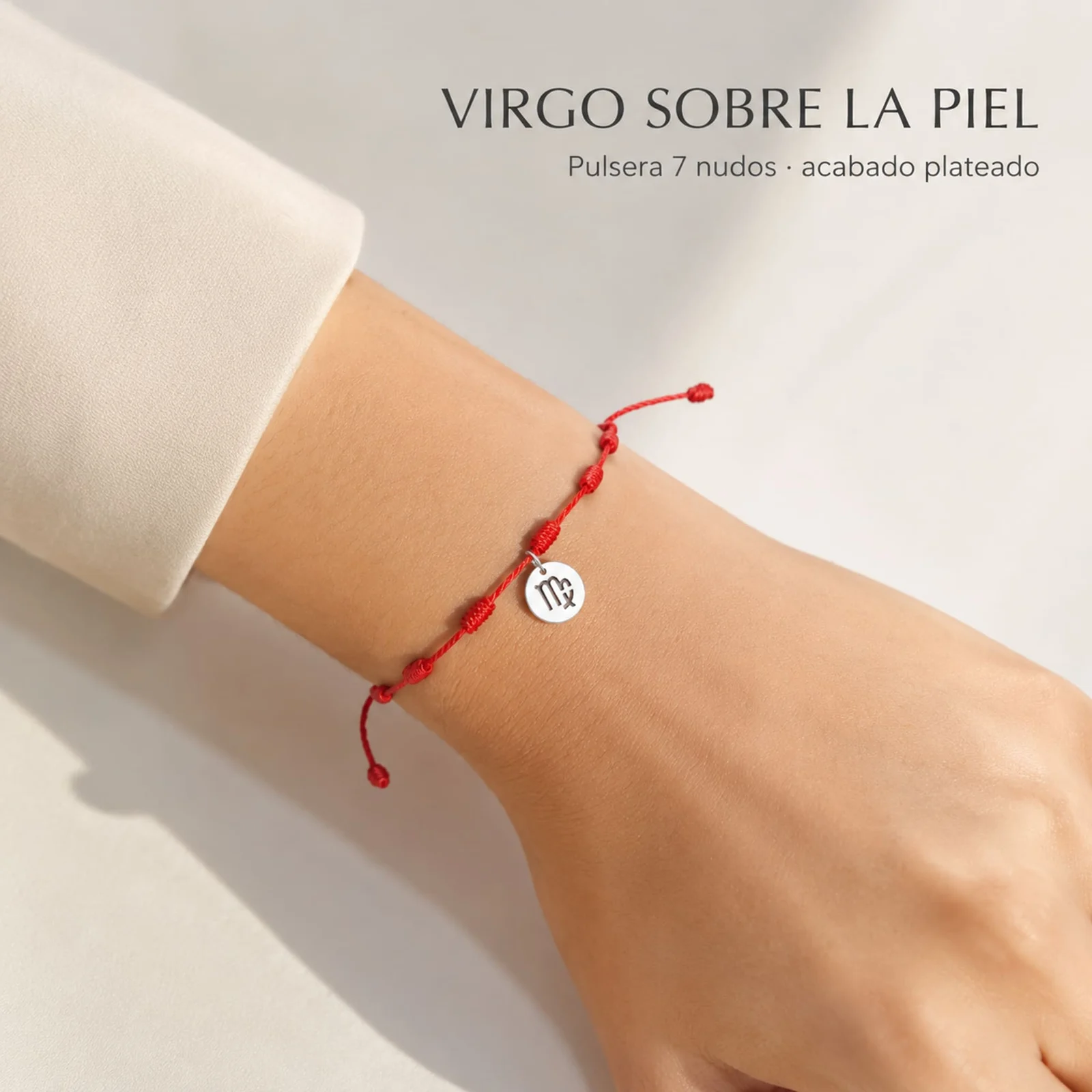 PULSERA 7 NUDOS CON VIRGO ACERO. COLOR PLATEADO