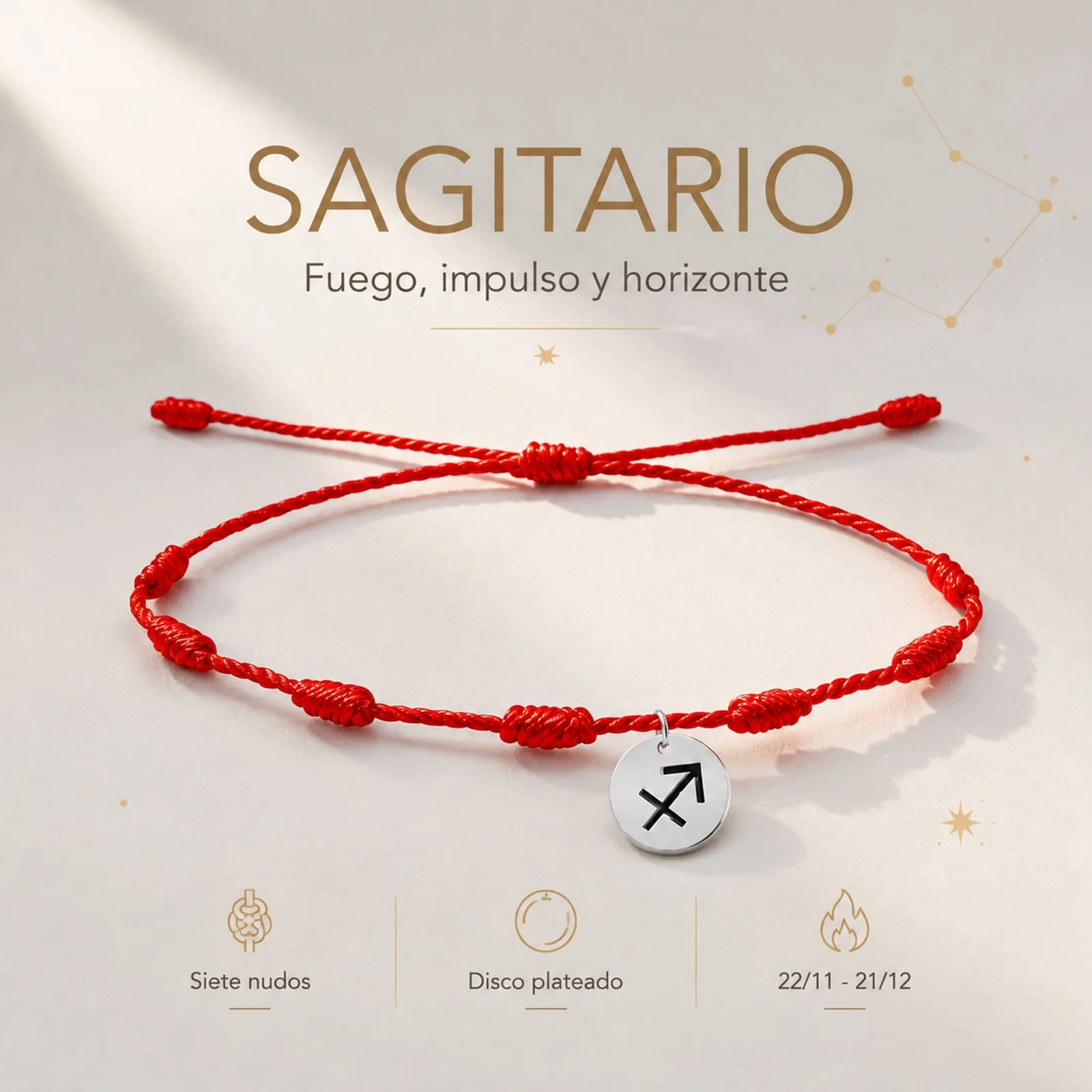 PULSERA 7 NUDOS CON SAGITARIO ACERO. COLOR PLATEADO