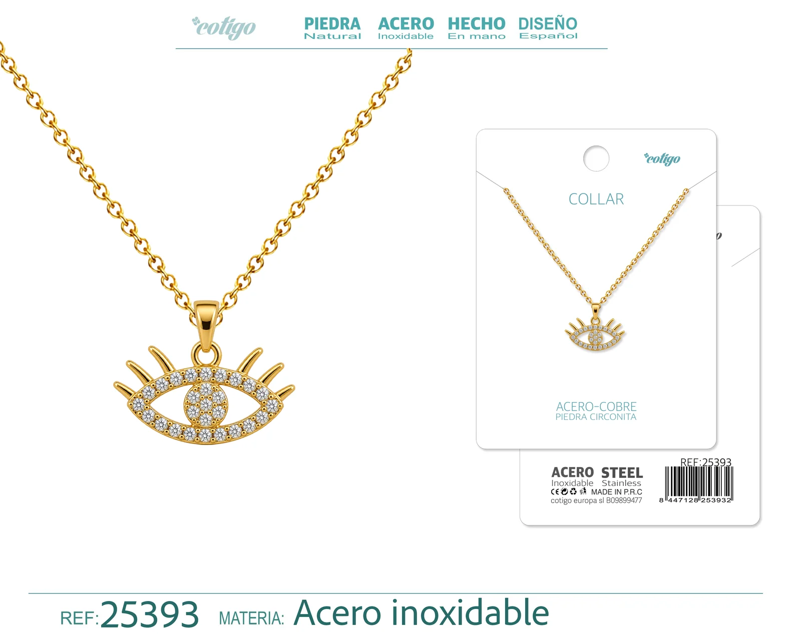 Colgangte Cobre con Circonita Colar Dorado y Cadena Acero
