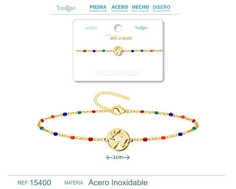 PULSERA ACERO MULTICOLOR CON MAPA MUNDIAL