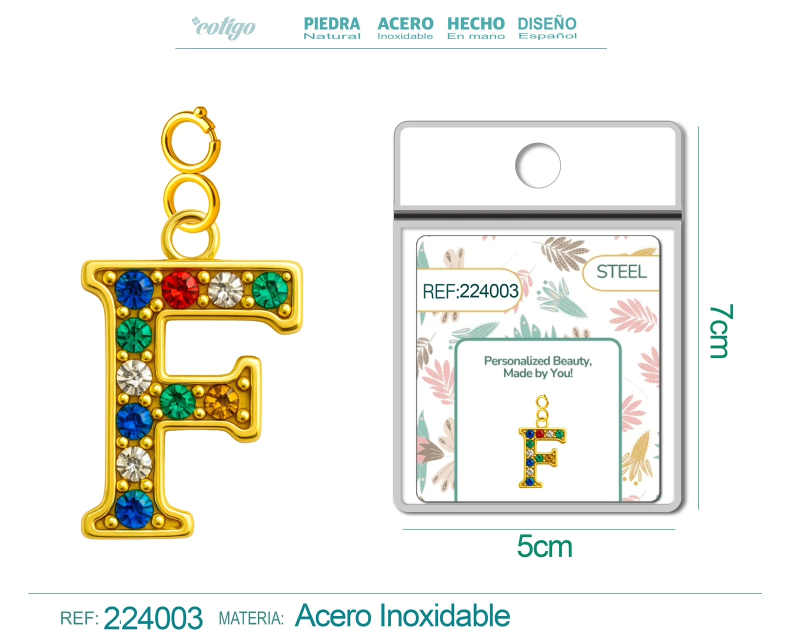 CHARM DE LETRA F ACERO COLOR DORADO CON CIRCONITA-CON CIERRE