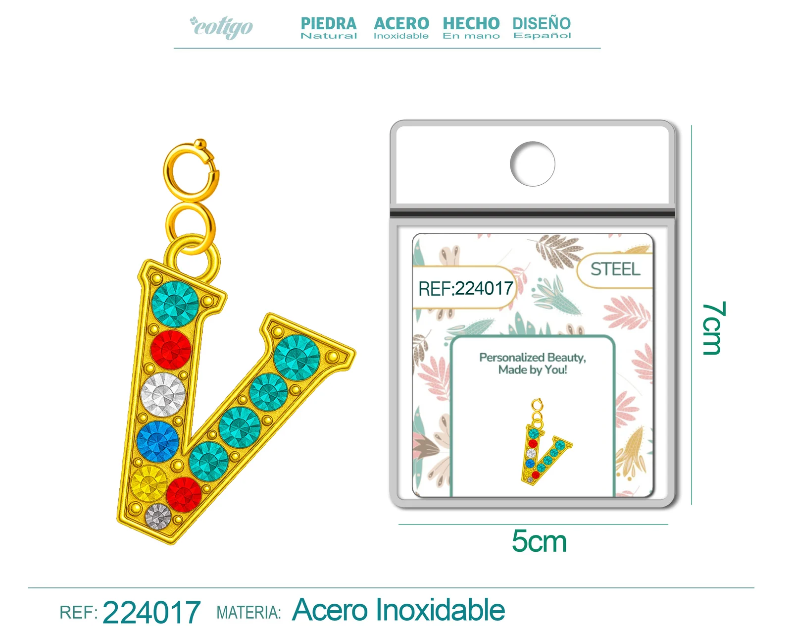 CHARM DE LETRA V ACERO COLOR DORADO CON CIRCONITA-CON CIERRE