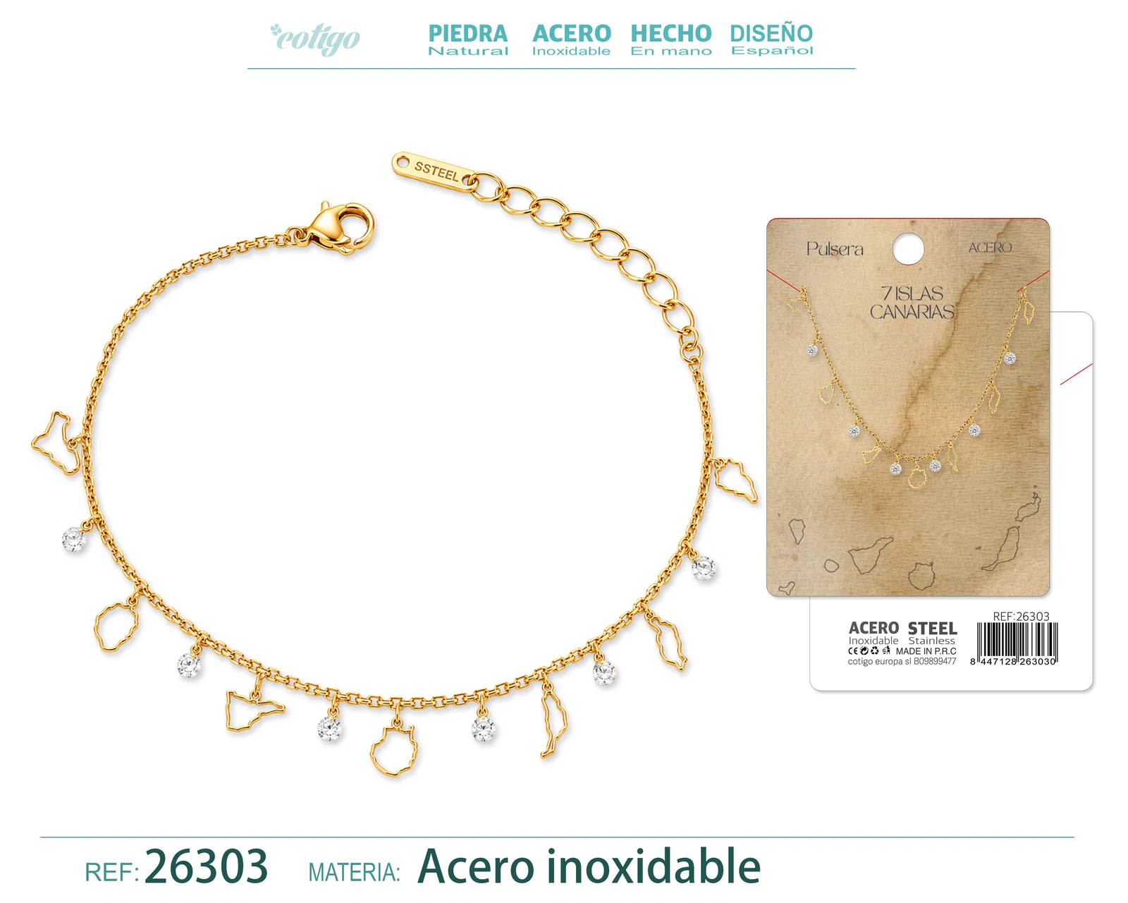 Pulsera 7 Islas de Canarias Acero Inoxidable Color Dorado
