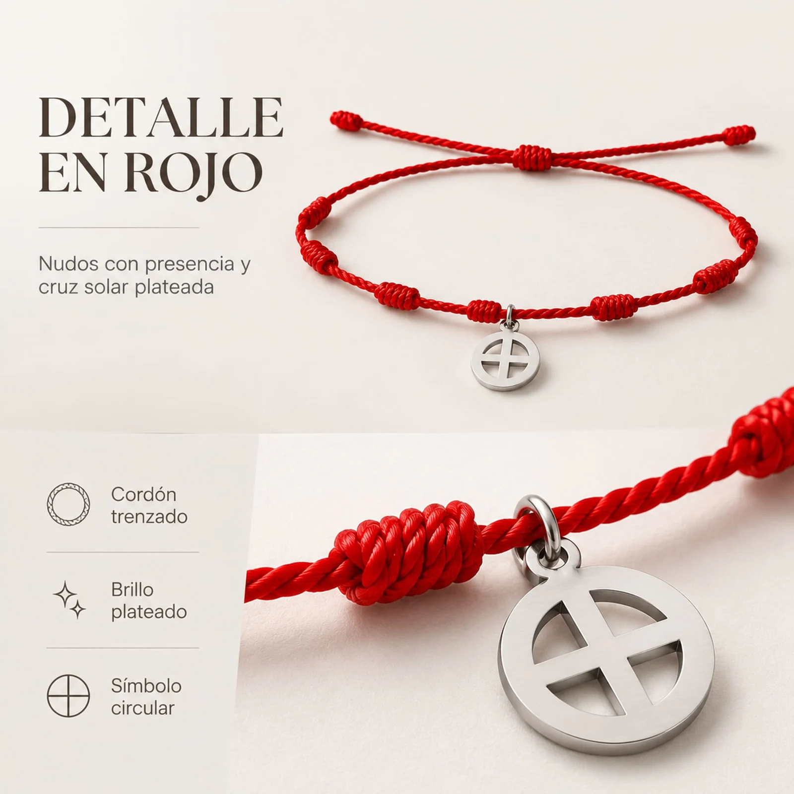 PULSERA 7 NUDOS CON CRUZ SOLAR COLOR PLATEADO