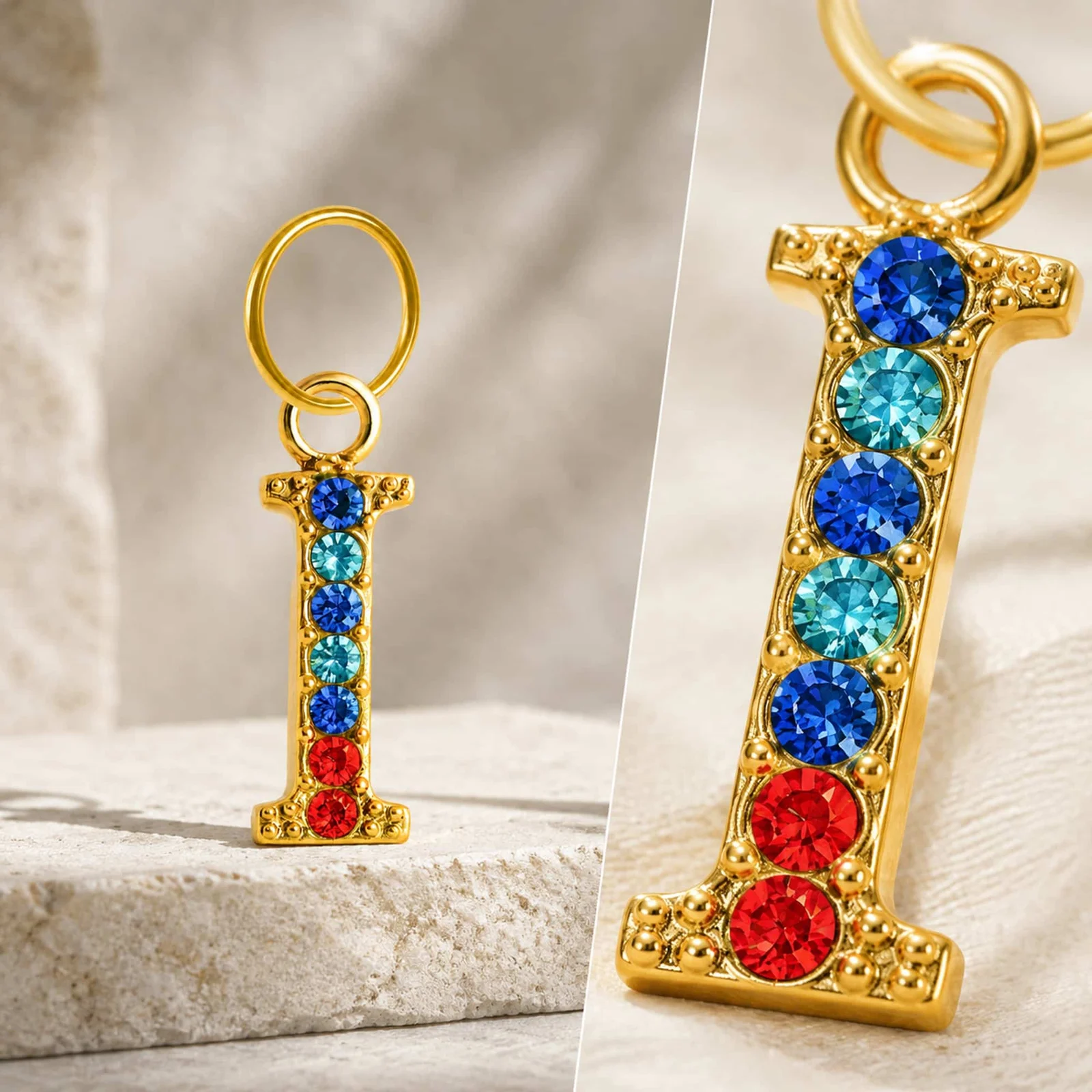 CHARM DE LETRA I ACERO COLOR DORADO CON CIRCONITA