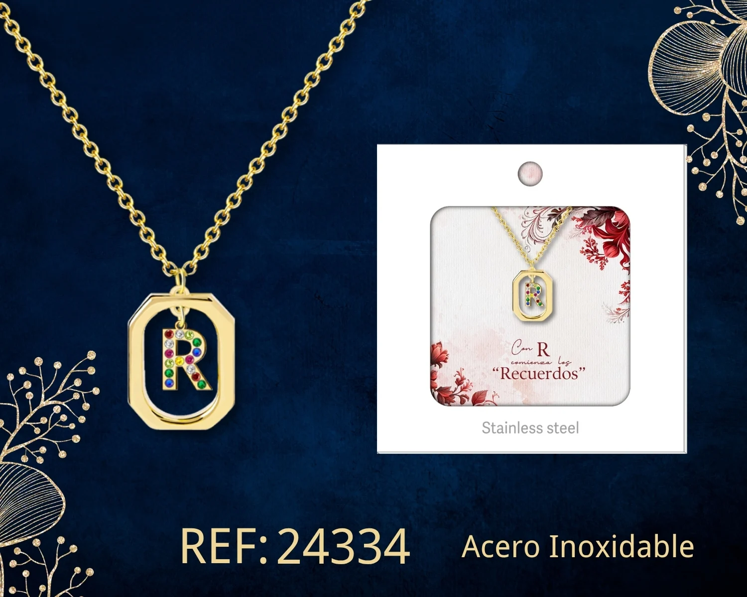 COLLAR INICIAL LETRA R ACERO CON SOBRE