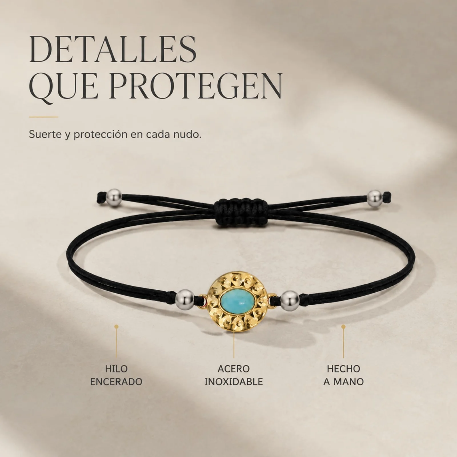 Pulsera Hilo encerado Negro CON OJO TURCO Dorado