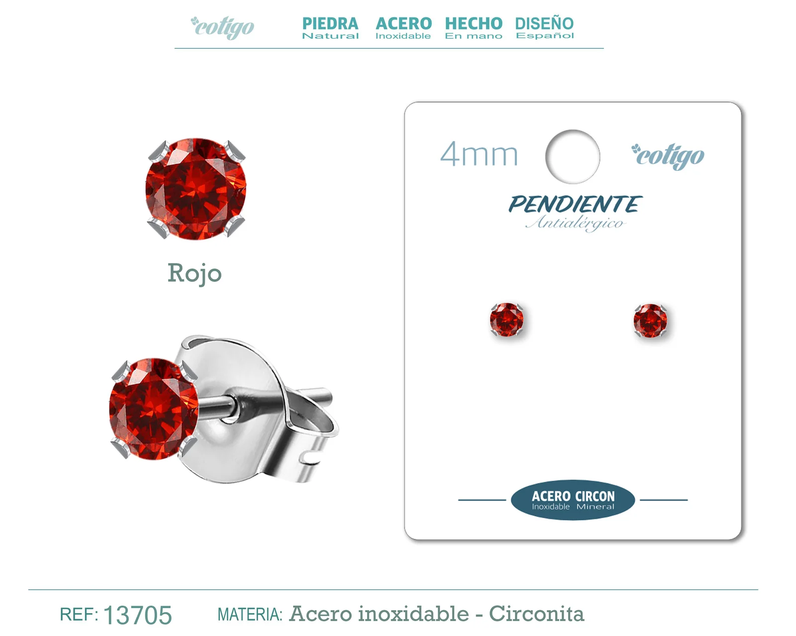 PENDIENTE CIRCONITA REDONDO-ROJO-4MM-BASE ACERO PLATEADO