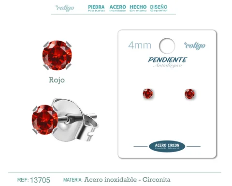 PENDIENTE CIRCONITA REDONDO-ROJO-4MM-BASE ACERO PLATEADO