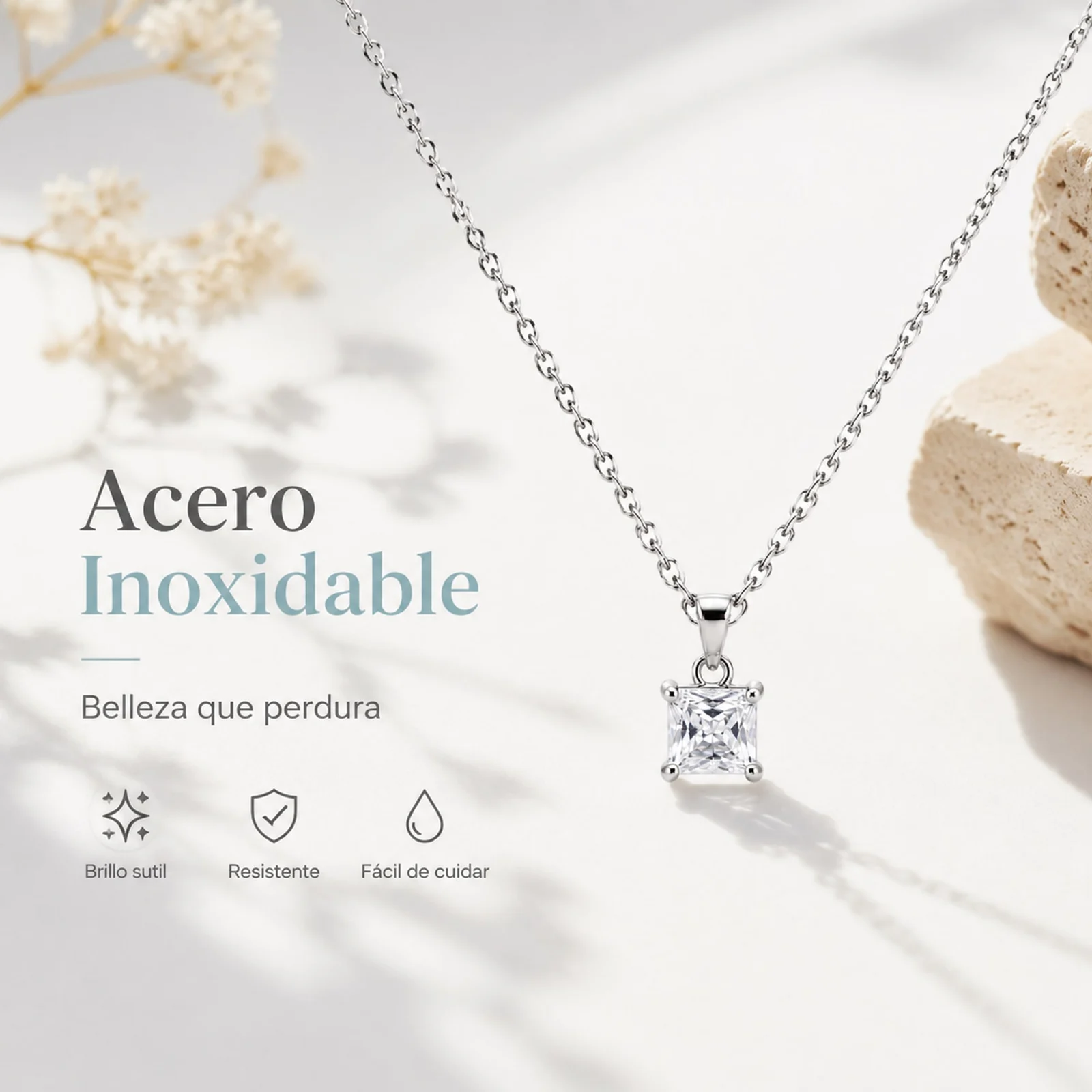 Colgangte Cobre con Circonita Colar Plateado y Cadena Acero