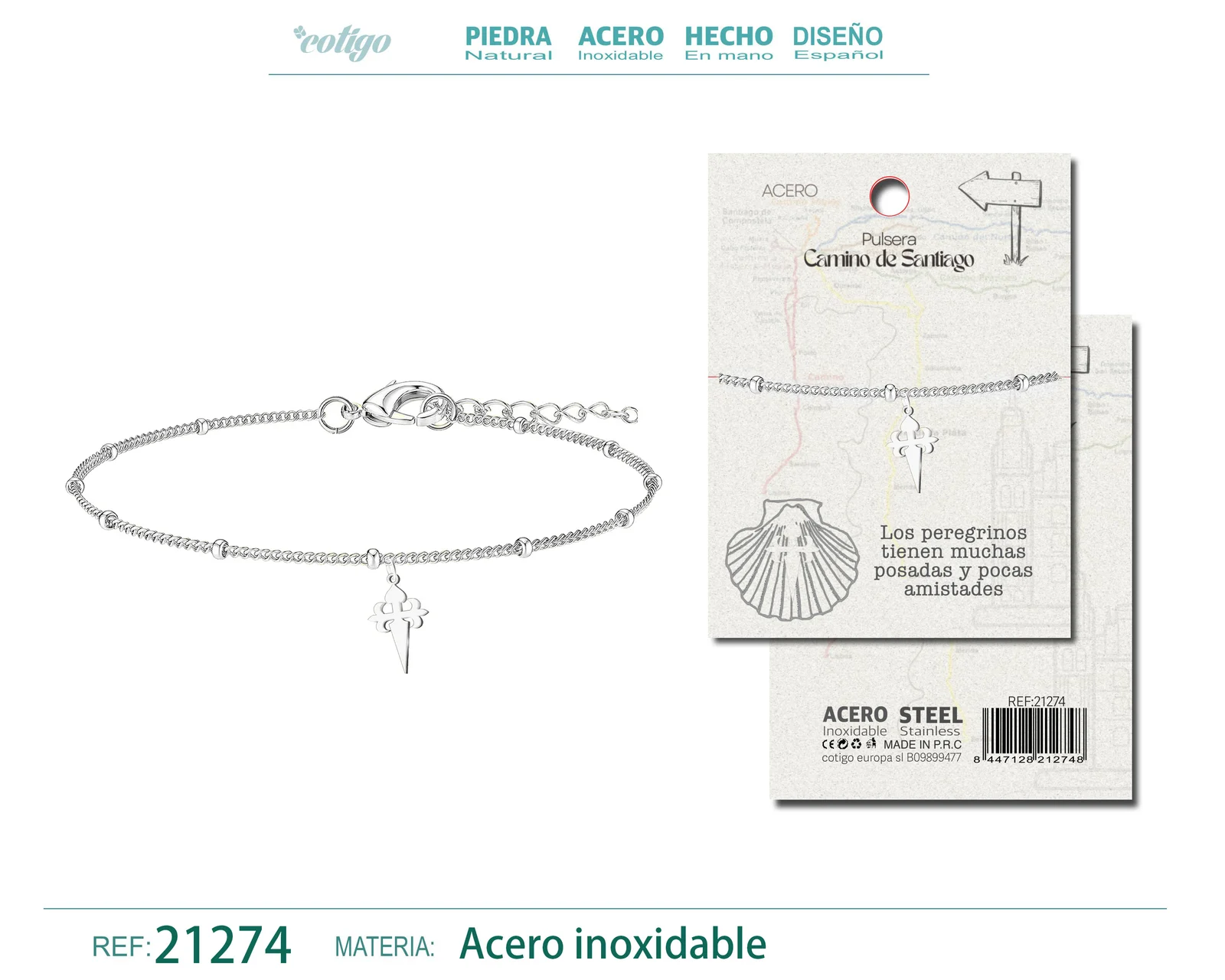 PULSERA CRUZ SANTIAGO ACERO PLATEADO